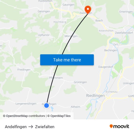 Andelfingen to Zwiefalten map