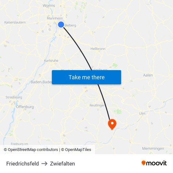 Friedrichsfeld to Zwiefalten map