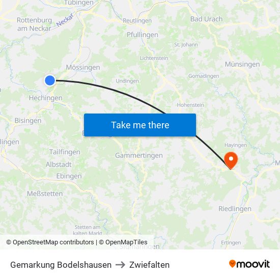 Gemarkung Bodelshausen to Zwiefalten map