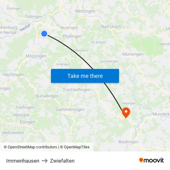 Immenhausen to Zwiefalten map