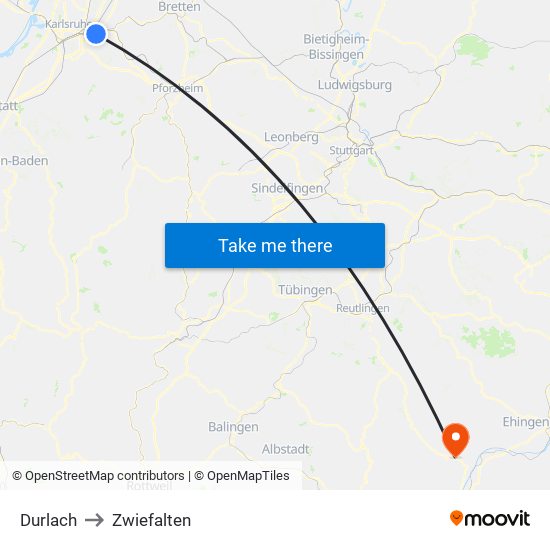 Durlach to Zwiefalten map