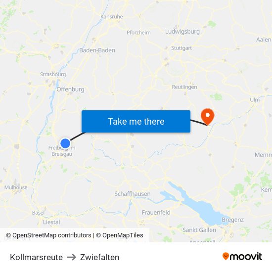 Kollmarsreute to Zwiefalten map