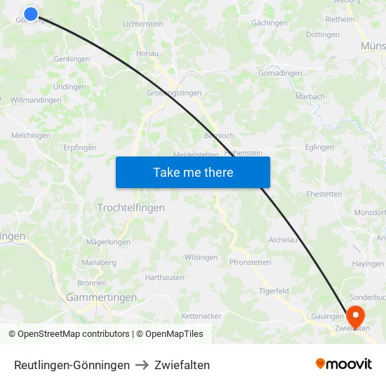 Reutlingen-Gönningen to Zwiefalten map