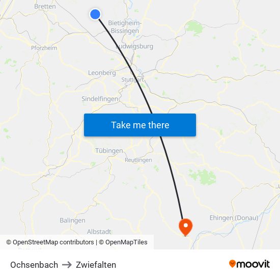 Ochsenbach to Zwiefalten map