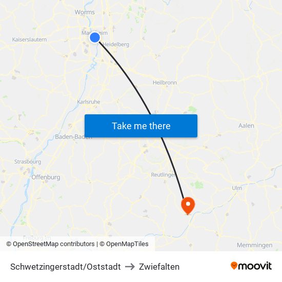 Schwetzingerstadt/Oststadt to Zwiefalten map