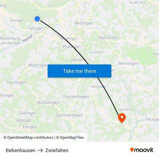 Bebenhausen to Zwiefalten map