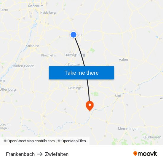 Frankenbach to Zwiefalten map
