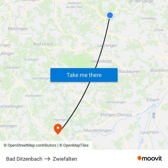 Bad Ditzenbach to Zwiefalten map