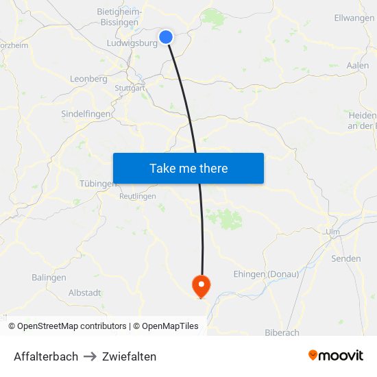 Affalterbach to Zwiefalten map