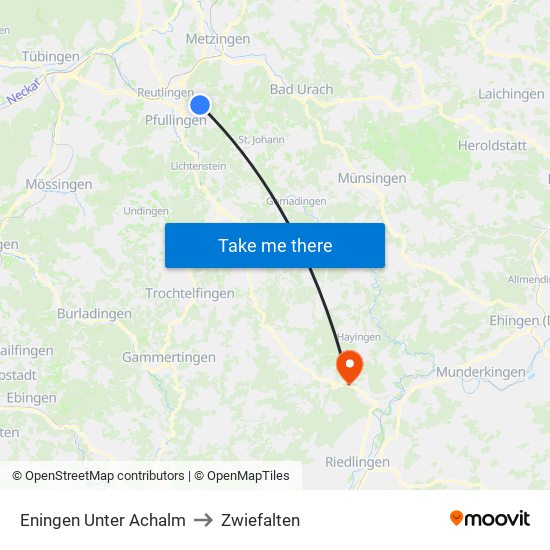 Eningen Unter Achalm to Zwiefalten map
