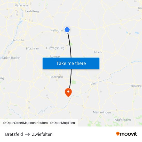 Bretzfeld to Zwiefalten map