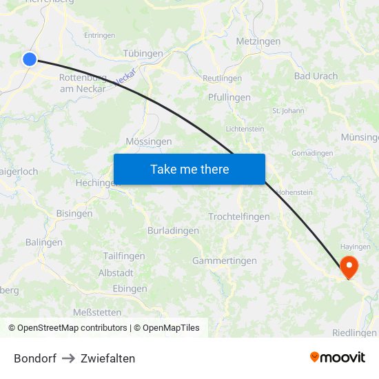 Bondorf to Zwiefalten map