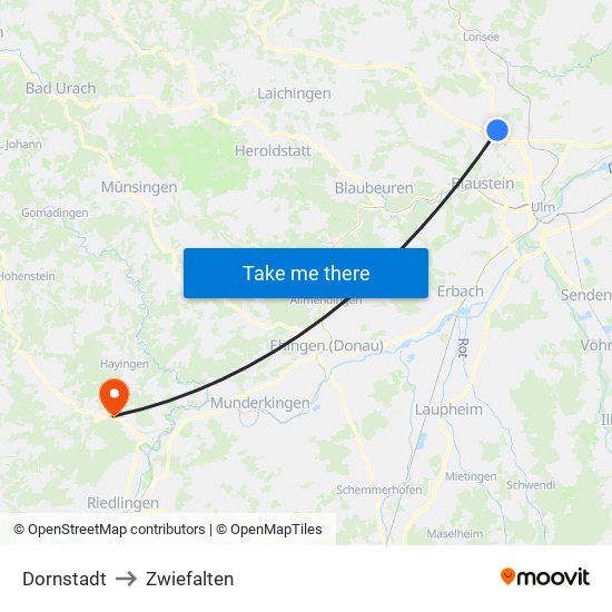 Dornstadt to Zwiefalten map