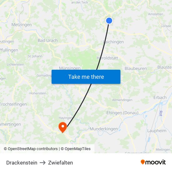 Drackenstein to Zwiefalten map