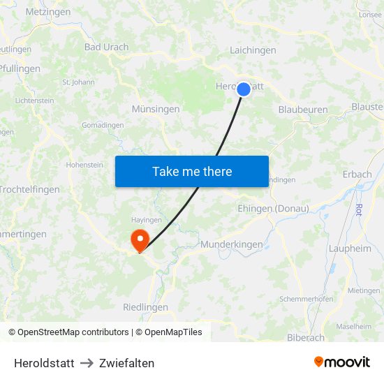 Heroldstatt to Zwiefalten map