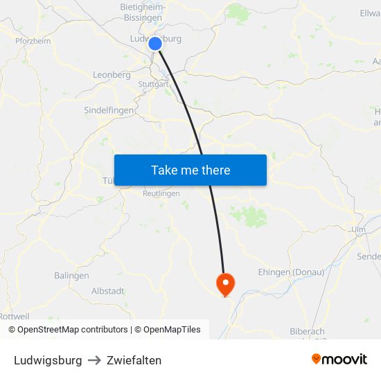 Ludwigsburg to Zwiefalten map