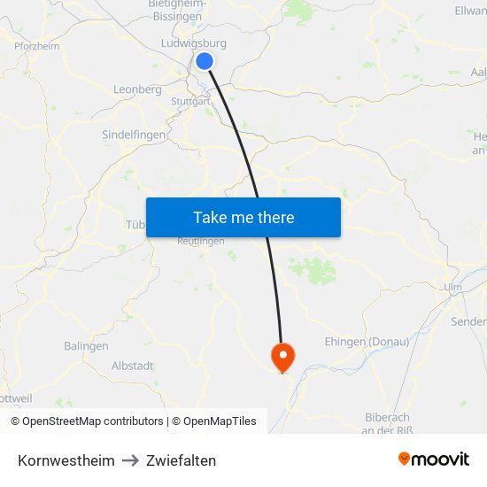 Kornwestheim to Zwiefalten map