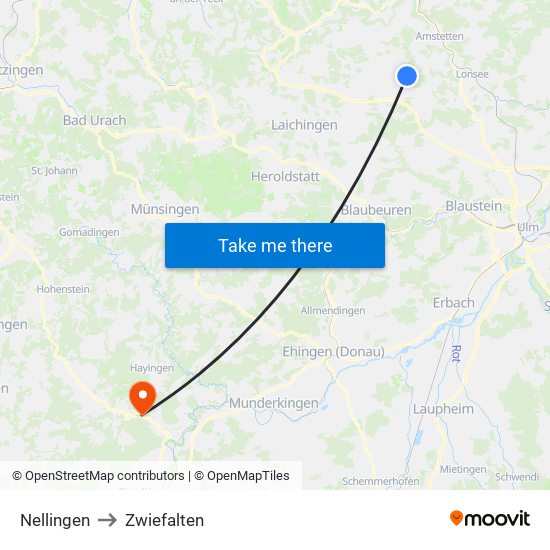 Nellingen to Zwiefalten map