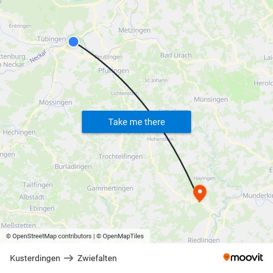 Kusterdingen to Zwiefalten map