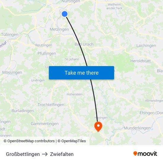 Großbettlingen to Zwiefalten map