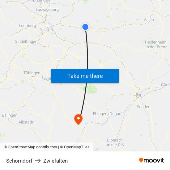 Schorndorf to Zwiefalten map