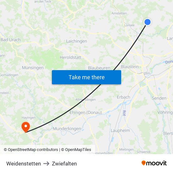 Weidenstetten to Zwiefalten map