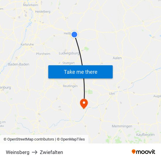 Weinsberg to Zwiefalten map