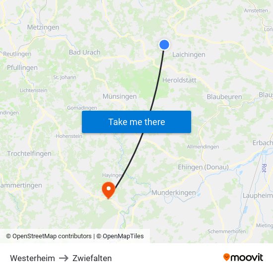 Westerheim to Zwiefalten map