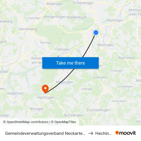 Gemeindeverwaltungsverband Neckartenzlingen to Hechingen map