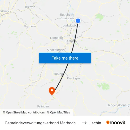 Gemeindeverwaltungsverband Marbach am Neckar to Hechingen map