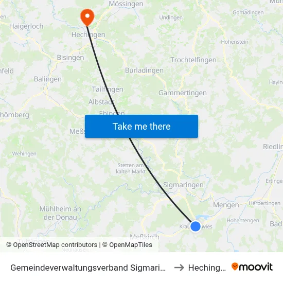 Gemeindeverwaltungsverband Sigmaringen to Hechingen map