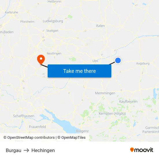 Burgau to Hechingen map