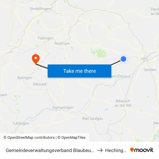 Gemeindeverwaltungsverband Blaubeuren to Hechingen map