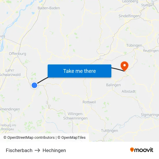 Fischerbach to Hechingen map