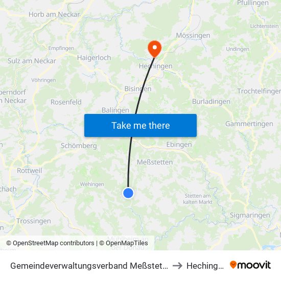 Gemeindeverwaltungsverband Meßstetten to Hechingen map