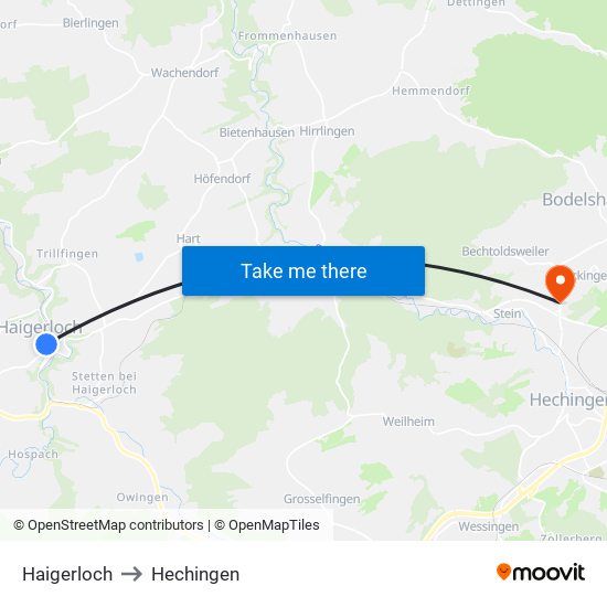 Haigerloch to Hechingen map