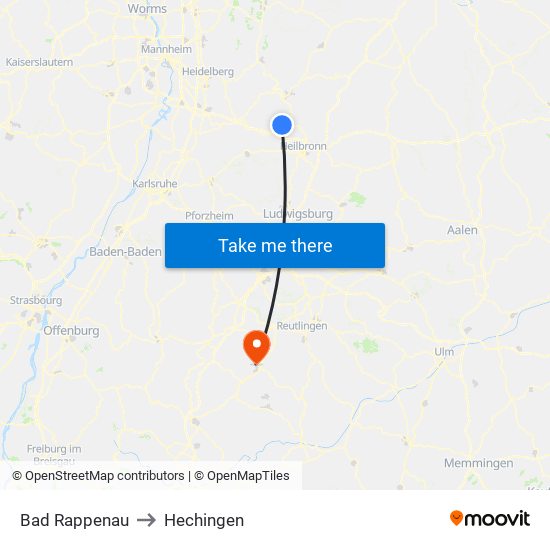 Bad Rappenau to Hechingen map