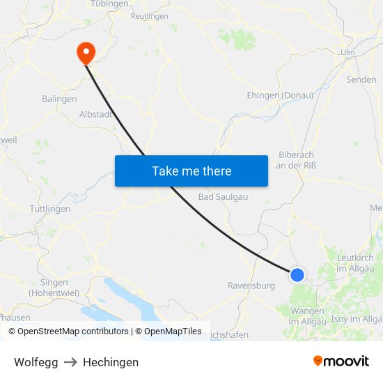 Wolfegg to Hechingen map