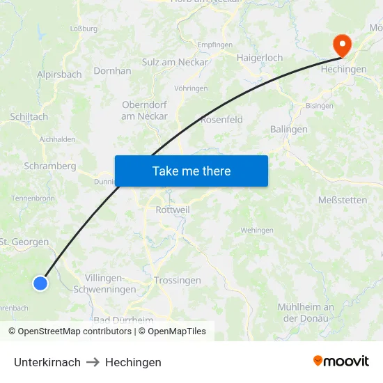 Unterkirnach to Hechingen map