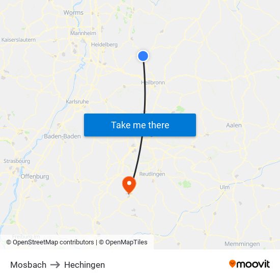 Mosbach to Hechingen map