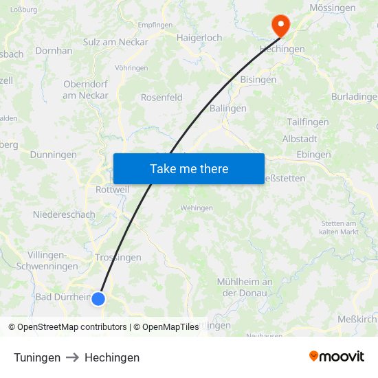 Tuningen to Hechingen map