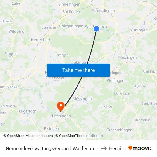Gemeindeverwaltungsverband Waldenbuch/Steinenbronn to Hechingen map