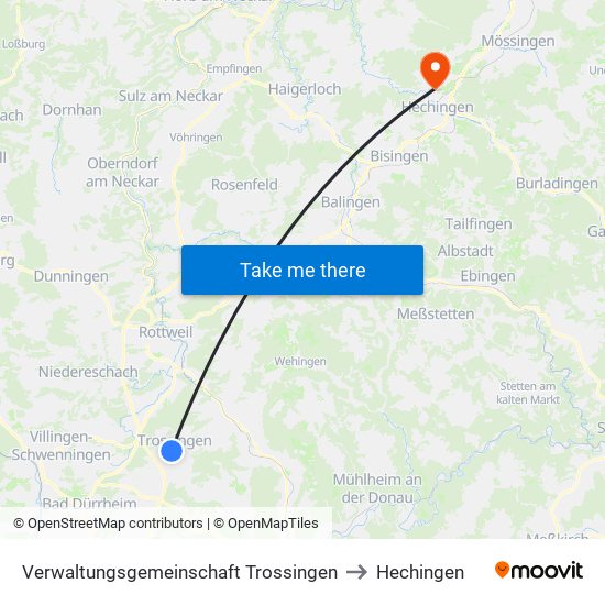 Verwaltungsgemeinschaft Trossingen to Hechingen map