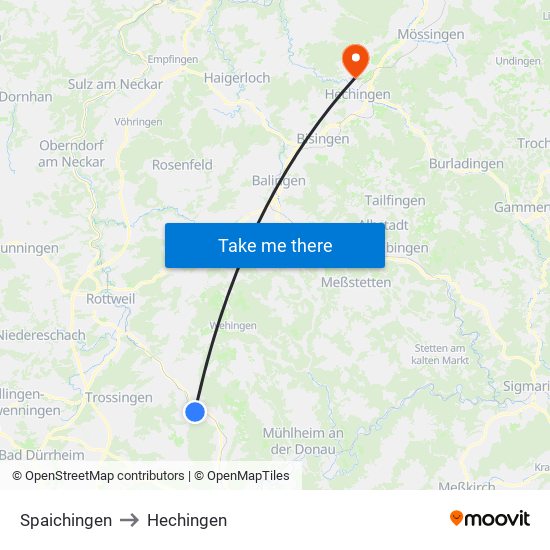 Spaichingen to Hechingen map