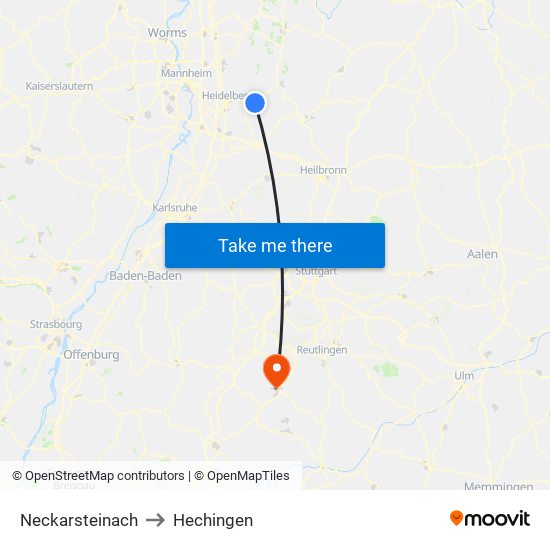 Neckarsteinach to Hechingen map