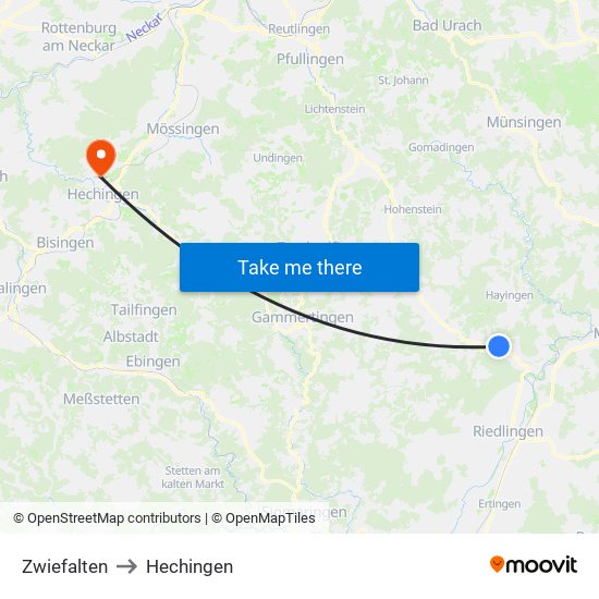 Zwiefalten to Hechingen map