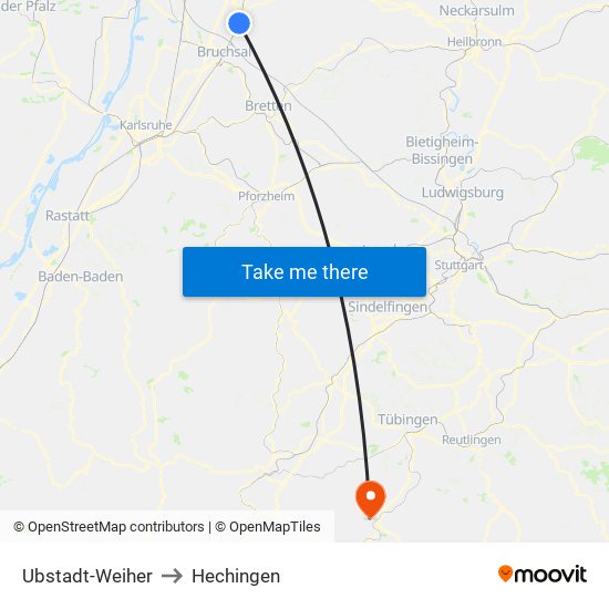 Ubstadt-Weiher to Hechingen map