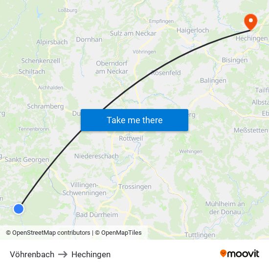 Vöhrenbach to Hechingen map