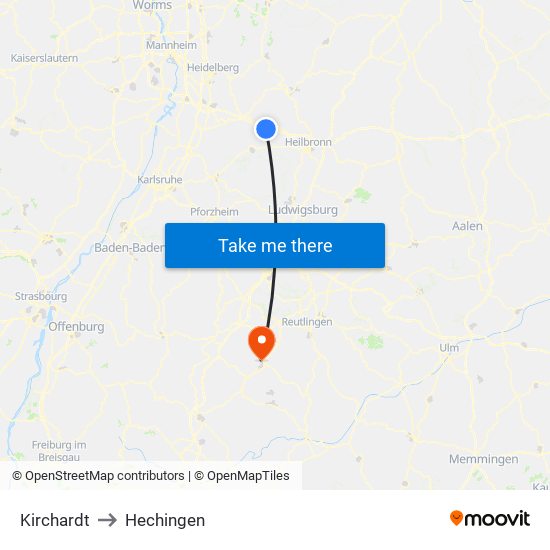 Kirchardt to Hechingen map