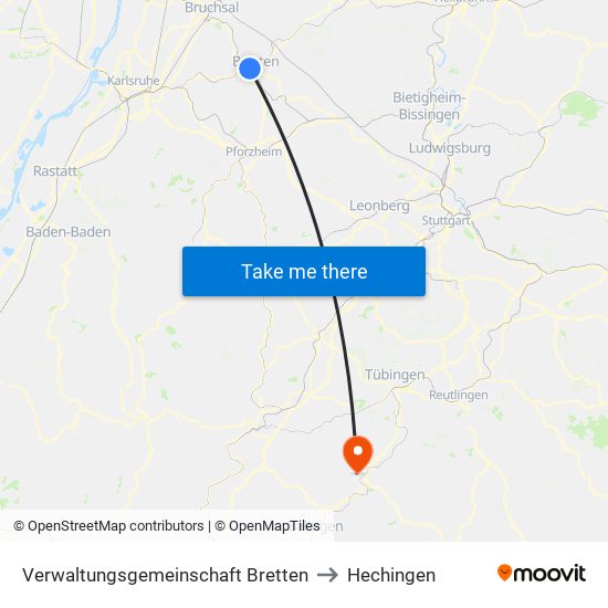 Verwaltungsgemeinschaft Bretten to Hechingen map